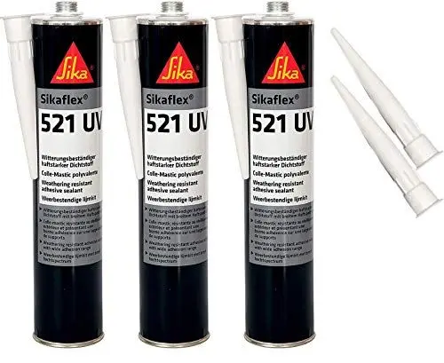 Produktbild: Sikaflex-521 UV witterungsbeständiger Haftstarker Dichtstoff, 300ml, WEISS, 3 Set mit 5 Düsenspitzen