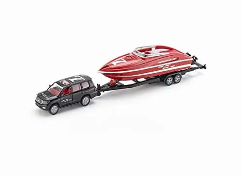 Produktbild: siku 2543, PKW mit Motorboot, 1:55, Metall/Kunststoff, Schwarz/Rot, Schwimmfähiges Spielzeugboot