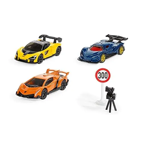 Produktbild: siku 6328, Geschenkset Supercars, Lamborghini Veneno, Apollo I.E., McLaren Senna, Bewegliche Teile, Inkl. Straßenschild und Blitzer