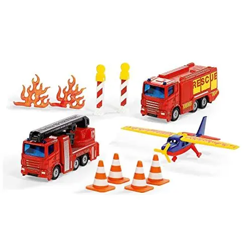 Produktbild: siku 6330, Geschenkset Feuerwehr, LKW mit Hubrettungsbühne, Löschfahrzeug, Flugzeug, Bewegliche Teile, Inkl. Pylonen, Barken und Flammen