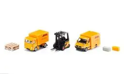 Produktbild: siku 6335, Geschenkset DHL Logistik, inkl. LKW, Gabelstapler, Paket-Lieferwagen, Paletten und Pakete, Metall/Kunststoff, Gelb, Bewegliche Teile