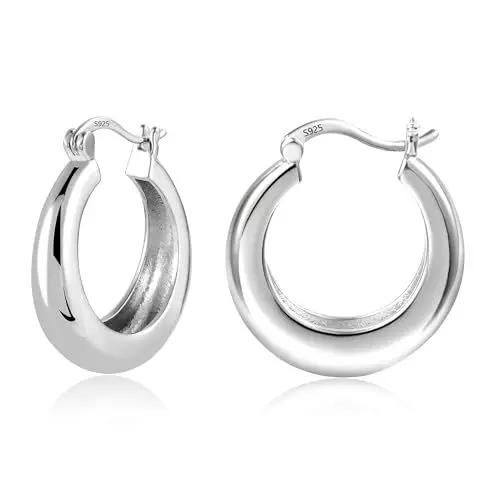 Produktbild: Silber 925 Kleine Creolen Ohrringe für Damen, Hypoallergen Dicke Creolen Ohrringe Trendige Leichte Klobige Ohrringe Huggie Kleine Creolen Ohrringe Breite für Schmuck Geschenk