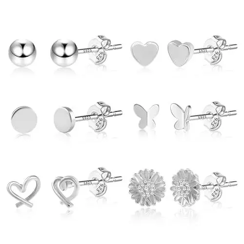 Produktbild: Silber 925 Ohrringe Set Ohrstecker Kleine Damen, 6Paar Multipack Ohrringe Sterling Silber Ohrstecker Knorpel Set Ohrringe Kleine Silber Glitz Ohrstecker Herz Kugel Schmetterling Ohrringe Damen Frauen