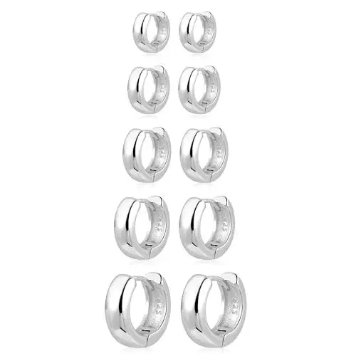 Produktbild: Silber 925 Ohrringe Set für Damen, 5 Paar Kleine Dickes Creolen Set Hypoallergen Kleine Klobige Creolen Ohrringe Set Kleine Huggie Creolen Ohrringe Set Damen Mädchen für Mehrere Piercings
