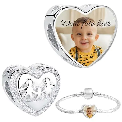 Produktbild: Silber 925 Personalisierter Schmuck Foto-Charm – Kompatibel mit Pandora-Armbändern, Liebe Herz Personalisiertes Geschenk – Fügen Sie Ihr Bild hinzu (familie)