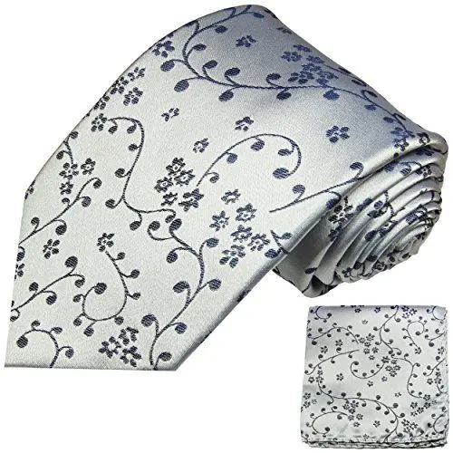 Produktbild: Silber blaues Krawatten Set 2tlg 100% Seidenkrawatte (extra lang 165cm) + Einstecktuch by Paul Malone