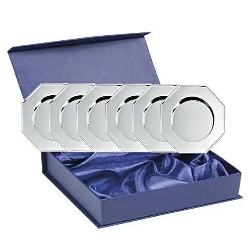Produktbild: SILBERKANNE 6 Gläserteller Glasuntersetzer achteckig D 11 cm Premium Silber Plated edel versilbert. Fertig zum verschenken mit schicker Geschenkverpackung