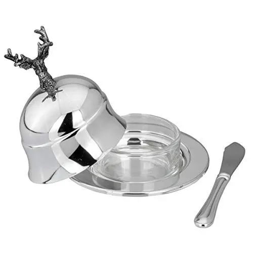 Produktbild: SILBERKANNE Butterglocke mit Messer Hirsch 4 tlg H 10 cm Premium Silber Plated edel versilbert in Top Verarbeitung