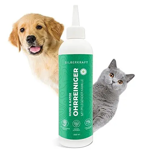 Produktbild: Silberkraft Ohrreiniger für Hunde und Katzen, Ohrenpflege, mit Kamillenextrakt, reinigt sanft und schonend, lindert Juckreiz, für Welpen geeignet (250 ml)