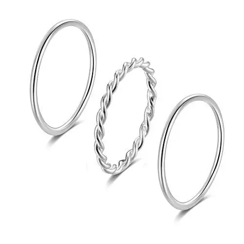 Produktbild: SILBERTALE Minimalistisch Dünner Damenring 1.2mm Schmaler Midi Knuckle Knöchelringe Stapelringe Stapelbarer Vorsteckringe Set - geflochtener gedrehter echt silberringe Größe 43-58