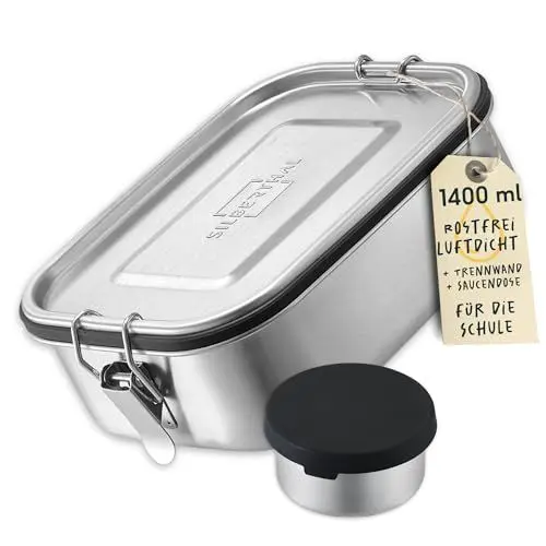 Produktbild: SILBERTHAL Brotdose Edelstahl mit Fächern – 1400ml Lunchbox Kinder & Erwachsene – Auslaufsicher & Leicht - flexible Trennwand