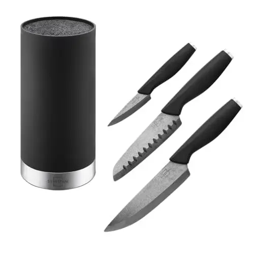 Produktbild: SILBERTHAL Messerblock mit Messer Schwarz - Messerset 3-teilig - robuste Keramikmesser (Santokumesser, Kochmesser, Gemüsemesser) mit standfestem Messerblock mit Borsteneinsatz