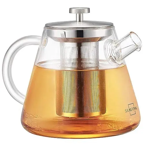 Produktbild: SILBERTHAL Teekanne Glas 1,5 Liter - mit Siebeinsatz & Deckel - Infuser für Heißgetränke & Cold Brew Tea - Ideal für Stövchen