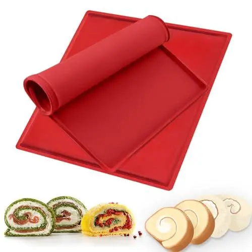 Produktbild: Silikon Backmatte, 2 Stück Antihaftbeschichtet Backblech Rollmatte Groß Roll Kuchen Matte Rutschfest Swiss Roll Backblech Biskuitrolle Backform für Kochen, Backen, Keksen (Rot)
