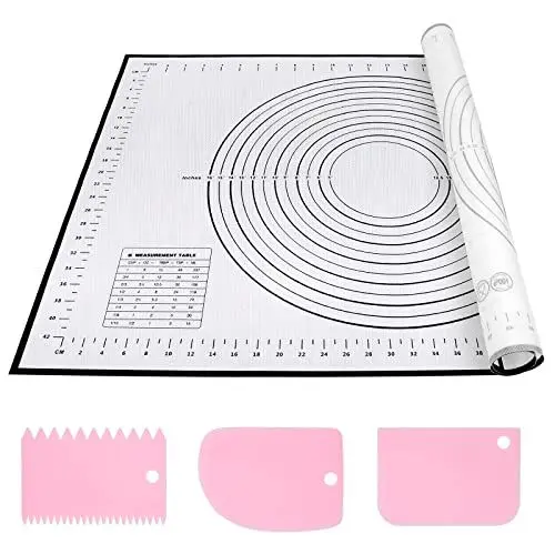 Produktbild: Silikon Backmatte Backunterlage Groß 70 x 50 cm Antihaft Teigmatte Ausrollmatte mit Messung Wiederverwendbar Backen Zubehör mit 3 Stück Teigschaber für Teig, Fondant, Macarons, Kekse, Pizza