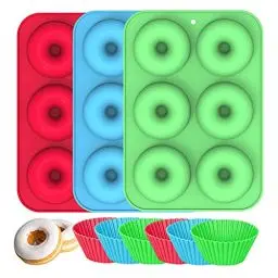 Produktbild: Silikon Donuts Backform, 3 Stück Silikon Donut Formen 6 Mulden mit 6 Muffinform Antihaftbeschichtung zum Backen von Donut Kuchen, Muffins und Bagels