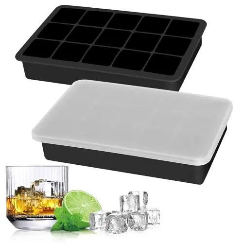 Produktbild: Silikon Eiswürfelform 1er Pack mit Deckel (LFGB Zertifiziert & BPA-Frei) stapelbar 500ml 3,3x 3,3x 3,3cm Eiswürfelgröße lebensmittelecht platzsparend Schwarz