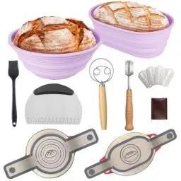 Produktbild: Silikon Gärkorb Gärkörbchen für Brot-Sauerteig Starter Set Brot Backen Zubehör mit 2er Faltbar Gärkorb Brot 9 Zoll Gärkorb Rund und 10 Zoll Gärkorb Oval,Silikon Brot Sling,Dänischer Schneebesen