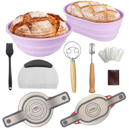 Produktbild: Silikon Gärkorb Gärkörbchen für Brot-Sauerteig Starter Set Brot Backen Zubehör mit 2er Faltbar Gärkorb Brot 9 Zoll Gärkorb Rund und 10 Zoll Gärkorb Oval,Silikon Brot Sling,Dänischer Schneebesen