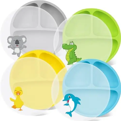 Produktbild: Silikon Kinderteller mit Saugnapf und Deckeln, BPA-Frei Baby Teller für Babys und Kleinkinder, Spülmaschinen und Mikrowellen Fest Baby Teller mit Saugnapf, Geteilte Rutschfeste Babygeschirr 4 Stück