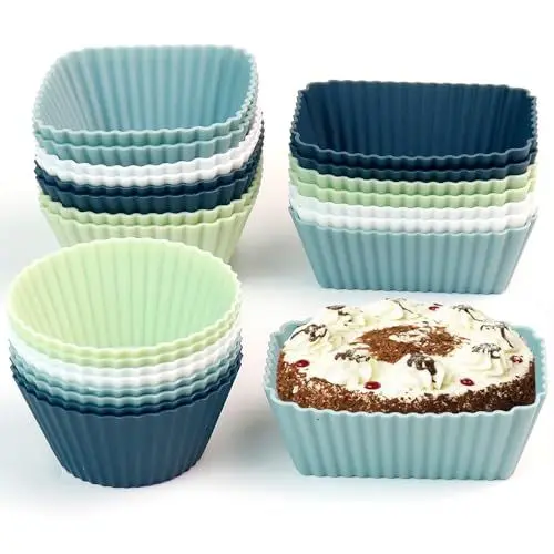 Produktbild: Silikon Muffinförmchen Backformen Wiederverwendbare Muffinform - Drei Modelle Rechteck,Quadrat,Kreis,24 Stück Cupcake Förmchen BPA-Frei Kuchenform Silikon Formen für Kuchen,Eincreme und Pudding