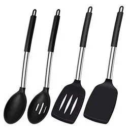 Produktbild: Silikon Pfannenwender Löffel, Hitzebeständig Silikon Spachtel Küche Pfannenwender Geschlitzt Löffel Set für Kochen, BPA Frei Küchenhelfer Schwarz Küchenutensilien Spülmaschinengeeignet, 4 Stück