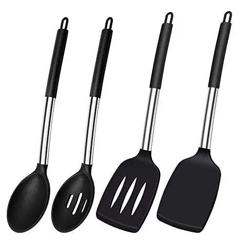 Produktbild: Silikon Pfannenwender Löffel, Hitzebeständig Silikon Spachtel Küche Pfannenwender Geschlitzt Löffel Set für Kochen, BPA Frei Küchenhelfer Schwarz Küchenutensilien Spülmaschinengeeignet, 4 Stück