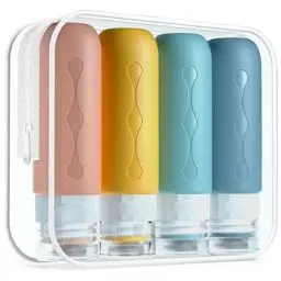 Produktbild: Gemice Silikon Reiseflaschen 90ml Set, 4 Stück auslaufsichere Reise Container und Reise Toilettenartikel Set, FDA zugelassene nachfüllbare Flüssigkeitsbehälter für Shampoo Creme Spülung Körperpflege