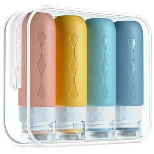 Produktbild: Gemice Silikon Reiseflaschen 90ml Set, 4 Stück auslaufsichere Reise Container und Reise Toilettenartikel Set, FDA zugelassene nachfüllbare Flüssigkeitsbehälter für Shampoo Creme Spülung Körperpflege