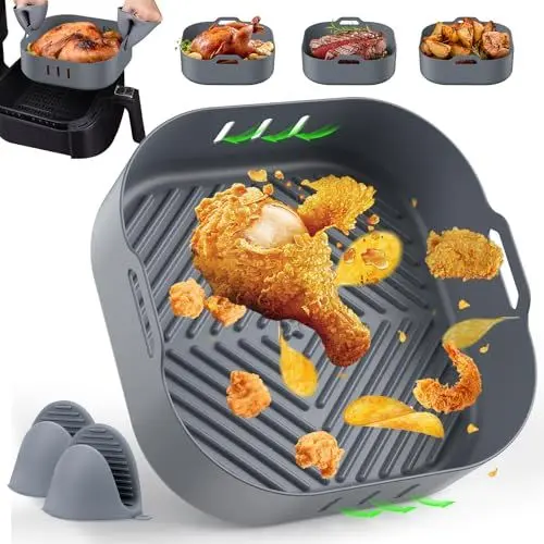 Produktbild: Silikonform für Heißluftfritteuse, 20,5CM Airfryer Silikonform mit zwei Ofenhandschuhe, Wiederverwendbar Hitzebeständig Einfache Reinigung Airfryer Zubehör Silikon Einsatz für Philips Cosori Cecotec