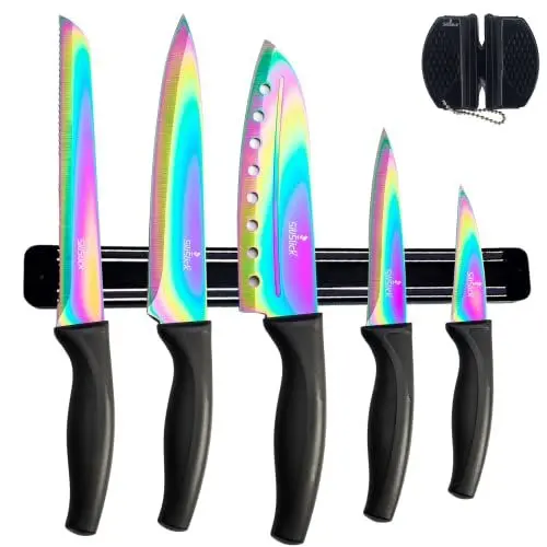 Produktbild: SiliSlick Messerset, 5 Scharfe Küchenmesser als Set | Titanbeschichtung mit Regenbogeneffekt, Inklusive Magnetleiste für Messer und Messerschärfer (Schwarzer Griff | Schwarze Leiste)