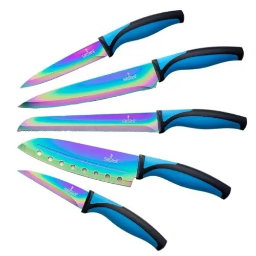 Produktbild: SiliSlick Messerset, 5 Scharfe Küchenmesser als Set zum Kochen, Hochwertige Klingen aus Edelstahl, Titanbeschichtung mit Regenbogeneffekt, Ergonomische Griffe, Blau Griff