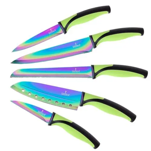 Produktbild: SiliSlick Messerset, 5 Scharfe Küchenmesser als Set zum Kochen, Hochwertige Klingen aus Edelstahl, Titanbeschichtung mit Regenbogeneffekt, Ergonomische Griffe, Grüner Griff