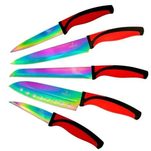 Produktbild: SiliSlick Messerset, 5 Scharfe Küchenmesser als Set zum Kochen, Hochwertige Klingen aus Edelstahl, Titanbeschichtung mit Regenbogeneffekt, Ergonomische Griffe, Roter Griff