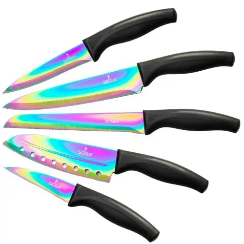 Produktbild: SiliSlick Messerset, 5 Scharfe Küchenmesser als Set zum Kochen, Hochwertige Klingen aus Edelstahl, Titanbeschichtung mit Regenbogeneffekt, Ergonomische Griffe, Schwarzer Griff