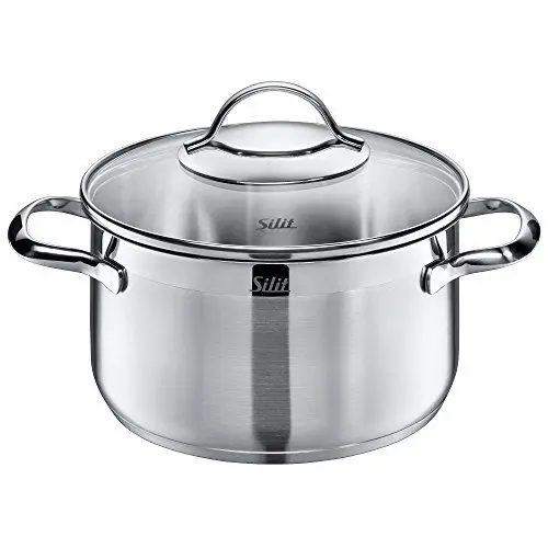 Produktbild: Silit Achat Kochtopf groß 20cm, Glasdeckel, Fleischtopf Induktion 3,3l, Edelstahl teilmattiert, unbeschichtet, backofengeeignet