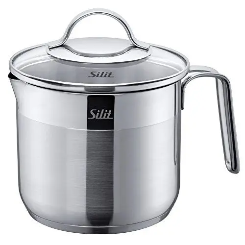 Produktbild: Silit Achat Milchtopf Induktion mit Glasdeckel 14 cm, hoher Kochtopf 1,7l, Edelstahl teilmattiert, Milchkopchtopf Induktion, unbeschichtet, backofengeeignet