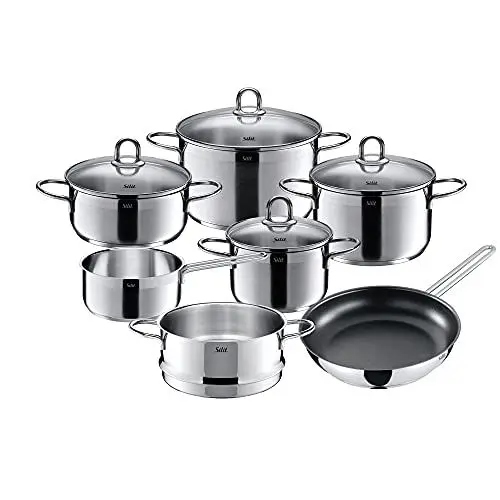 Produktbild: Silit Diamant Topfset Induktion 7-teilig, Kochtopf Set mit Glasdeckel, Pfanne, Dämpfer, Edelstahl poliert, Töpfe Set unbeschichtet