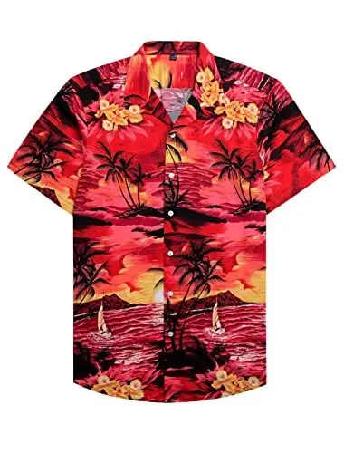 Produktbild: siliteelon Hawaii Herrenhemd Kurzarm Sommerhemd Freizeit Blumen Shirt Regular Fit Urlaub Button Down Strand Hemden Rot Tropische L