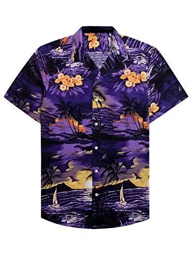 Produktbild: siliteelon Herren Sommerhemd Kurzarm Urlaub Funky HawaiiHemd Regular Fit Alohahemd Reise Surfen Shirt Lila Aloha M