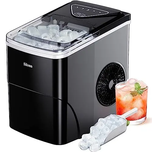 Produktbild: Silonn Eiswürfelmaschine, 9 Würfel in 6 Minuten fertig 12 KG in 24 Stunden, selbstreinigende kleine Eiswürfelmaschine mit Eisschaufel und Korb, 2 Größen von Bullet Eis für Küche, Büro, Bar und Party