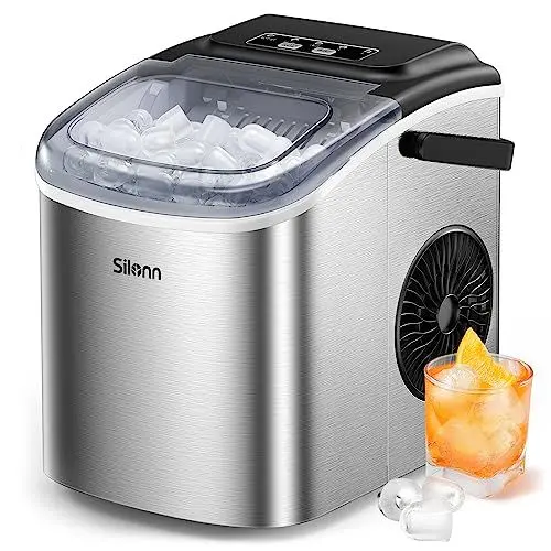 Produktbild: Silonn Eiswürfelmaschine, Eiswürfelbereiter 9 Würfel in 6 Minuten fertig, 12 KG in 24 Stunden, Selbstreinigende Kleine Eiswürfelmaschine, 2 Eiswürfel Größen für Küche, Büro, Bar und Party, Edelstahl