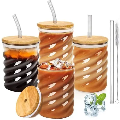 Produktbild: SILRIVES 350ml Glasbecher mit Deckel und Strohhalm, 4er Bubble Gläser,Eiskaffeegläser,Matcha Glas,Gerippte Trinkgläser mit Deckel und Strohhalm für Latte Macchiato,Iced Coffee,Cocktails,Smoothie