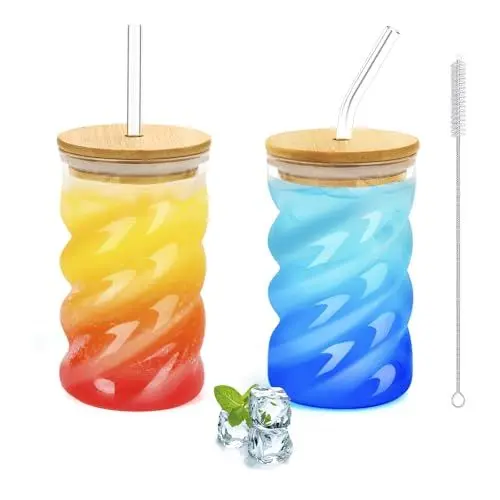 Produktbild: SILRIVES Glasbecher mit Deckel und Strohhalm 2er,Bubble Cocktailgläser Eiskaffee Gläser 500ml,Longdrinkgläser,Gerippte Trinkgläser mit Deckel und Strohhalm für Latte Macchiato,Matcha,Bier,Smoothie