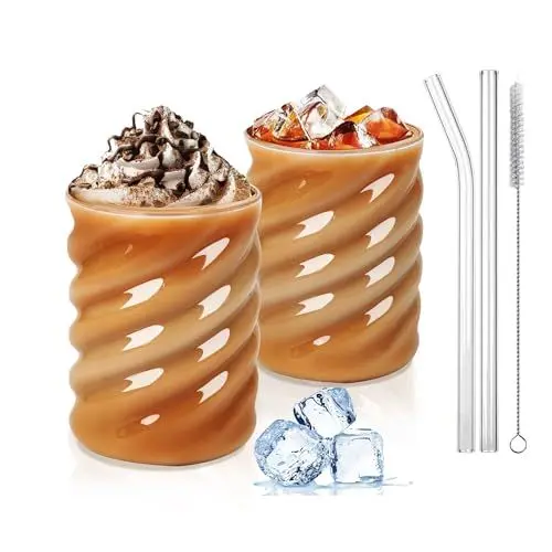 Produktbild: SILRIVES Trinkgläser mit Strohhalme 350ml 2er,Latte Macchiato Gläser Set,Bubble Wassergläser mit Glasstrohhalme und Bürsten,Eiskaffee Becher,Cappuccino Gläser,Cocktailgläser,Matcha Glas,Trinkglas