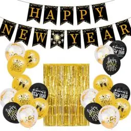 Produktbild: Silvester Party Dekoration Set , Silvester Deko, Luftballon Dekoration Set, Happy New Year folienballon,Silvester Party Deko, Black Gold Happy Neujahr Deko, Silvester Party Dekoration