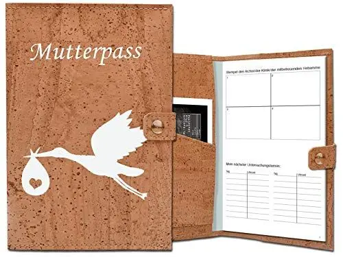 Produktbild: Simaru Mutterpasshülle aus wasserabweisendem Korkleder in Beige, Schutzhülle für den Deutschen Mutterpass, Ultraschallbilder und Versichertenkart mit Storch Bedruckt (Storch (Druckknopf))