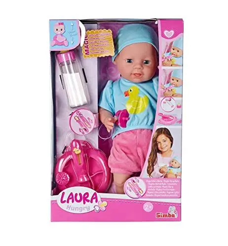 Produktbild: Simba 105010964 - Laura Hungry, Weichkörperpuppe mit Schnuller, magischem Löffel, Trinkfläschchen mit verschwindendem Inhalt und Tellerchen, 38cm, Babypuppe ab 2 Jahren