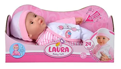 Produktbild: Simba 105140020 - My Love Baby Talk, Weichkörperpuppe mit Schlafaugen in süßem Strampler, macht 24 Babylaute, 30cm, Babypuppe ab 2 Jahre, Weiß-rosa
