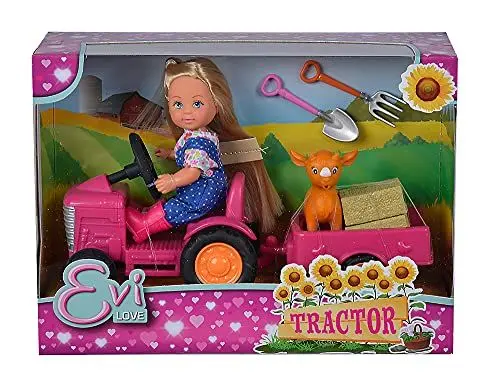 Produktbild: Simba 105733518 - Evi Love Tractor, Puppe auf ihrem Traktor mit Anhänger, Tier, Heuballen, Schaufel und Mistgabel, 12cm, Für Kinder ab 3 Jahren geeignet